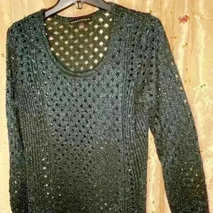 Rock & Republic Black Metallic Open-Knit Sweater L Shimmer Cutout Long‎ Sleeve